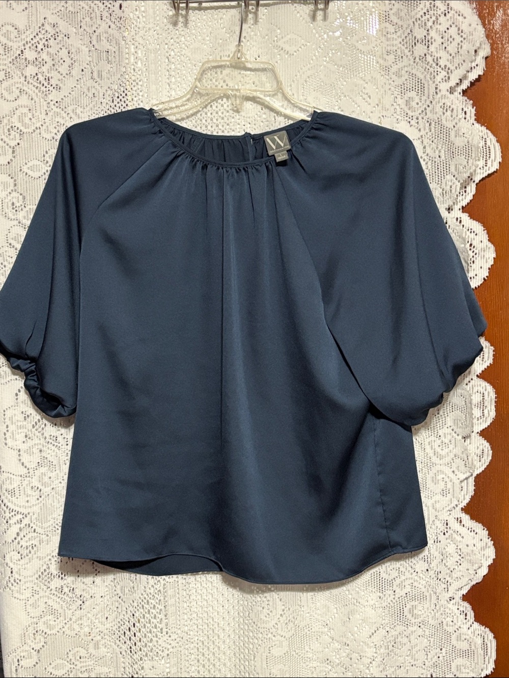 Worthington Navy Puff Sleeve Gathered Neck Blouse Sz L